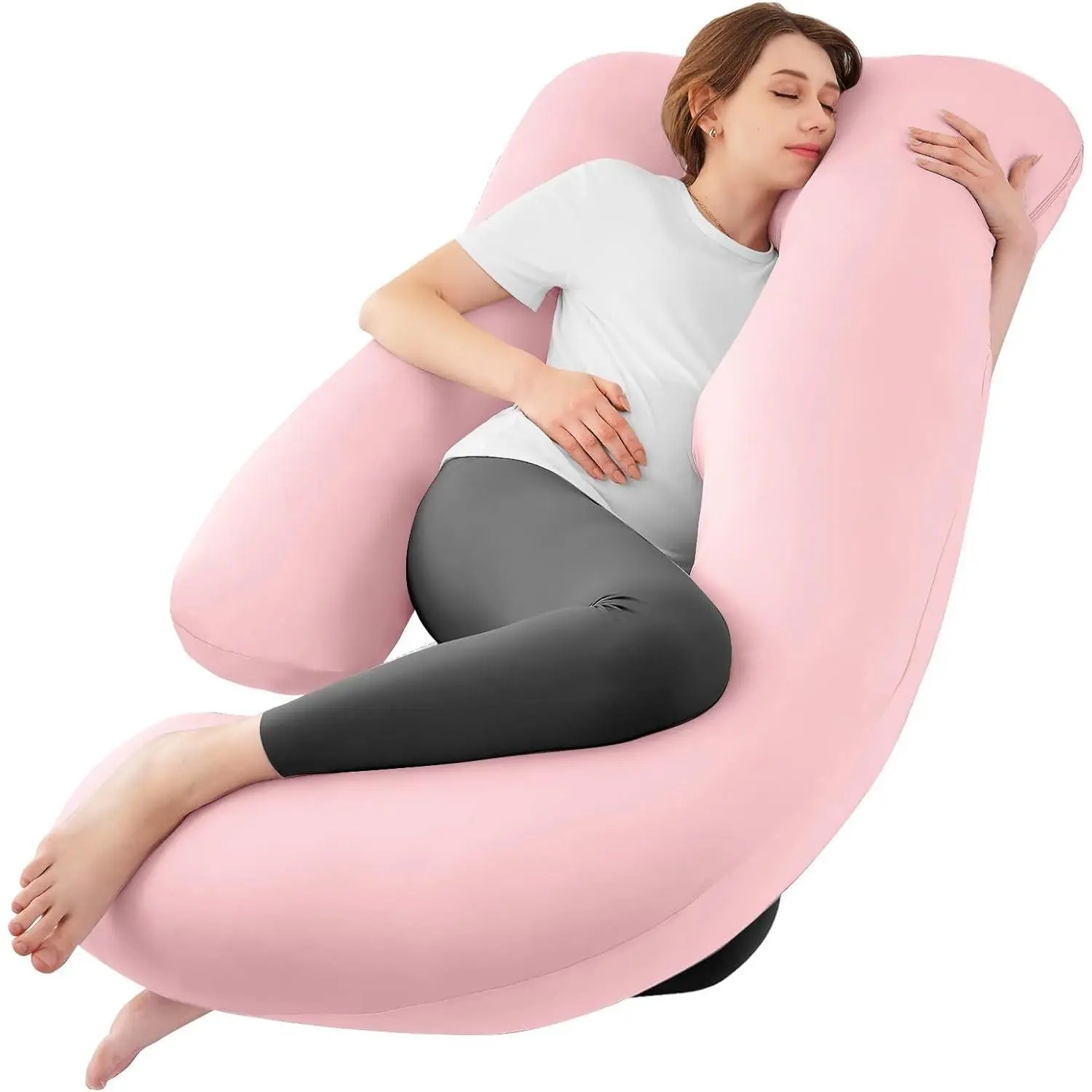 Cooling U-Shaped Maternity Pillow for Pregnant Women, Full Body Prenatal Support for Side Sleeping with Adjustable Removable Cover - Light Pink, Great Gift Idea