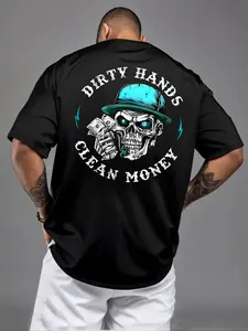 Retro American Gothic Skull Graphic Oversized Relaxed Fit T Shirt Men, Menswear, Front Back Print Dirty Hands Clean Money Slogan Tee, Casual Streetwear for Workers, Summer Daily Wear #springsaledeals2026 #summeroutfits #tiktokshopmademebuyit #workwear