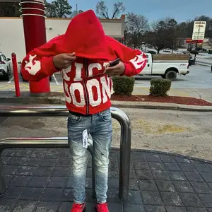 Letter Embroidery Printed Zipper Hoodie, Fun Pattern Men's Sweater, Red Men's Cardigan Sweater, Printed with "RICH SOON" funny hoodie oversized hoodie unisex menswear top casual human operator zip  up  hoodie