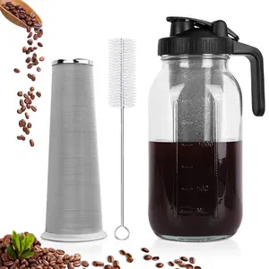Cold Brew Coffee Maker,64 oz Mason Jar Pitcher with Stainless Steel Filter, Pour Spout Handle Lid, Heavy Duty Glass Airtight & Leak-Proof Pitcher for iced coffee Tea Lemonade