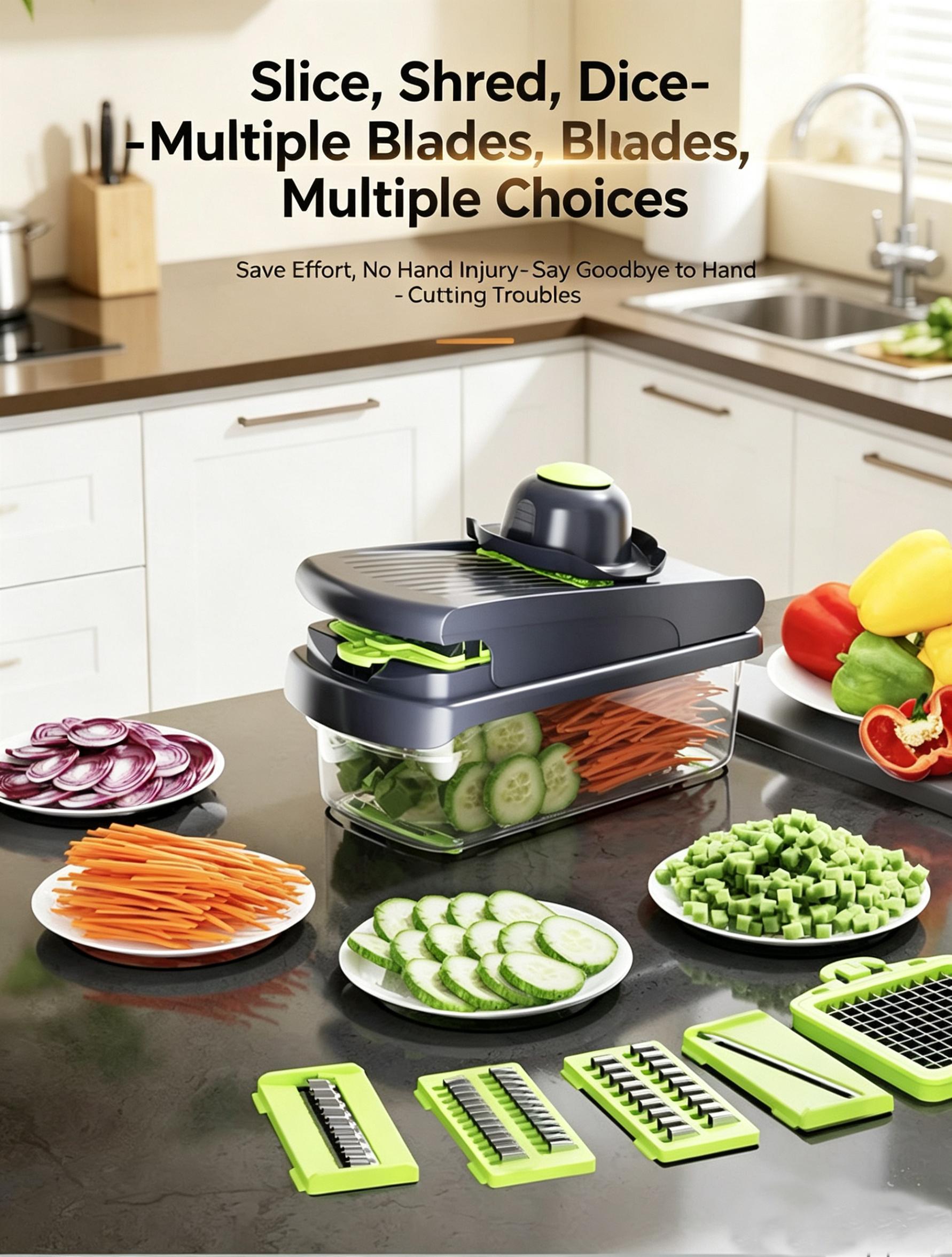 Multifunctional Vegetable Chopper, Kitchen Mandoline Slicer for Potato, Carrot & Cucumber, Easy Food Dicer Cutter Shredder Grater with Stainless Steel Blades, Time-Saving Cooking Tool for Home & Commercial Use