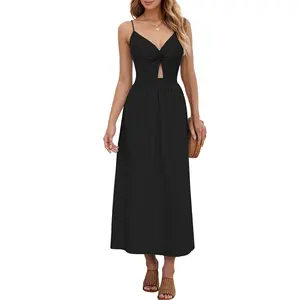 MOLERANI Women's Cut Out Knot Summer Midi Dress, Spaghetti Strap V Neck, Twist Front Flowy Casual Beach Sundress, Vacation Maxi Dress with Pockets