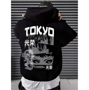 Japanese Anime Graphic Hoodie With Tokyo Lettering For Men - Black Urban Streetwear Pullover Perfect For Casual Wear And Themed Events - Soft Material Machine Washable Autumn Winter Fashion