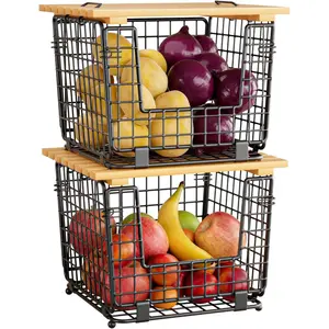 Wire Storage Basket for Kitchen Pantry: GGIU Stackable Kitchen Counter Organizers - Wire Organizing Bin for Produce Vegetable Potato and Onion Black