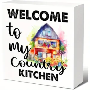 New House Gift Kitchen Decor Wood Block Signs, Welocme To My Country Kitchen Wooden Box Sign for Kitchen Shelf Entryway Tabletop Desk Decor, Rustic Kitchne Welcome Sign Decor 5x5 inch