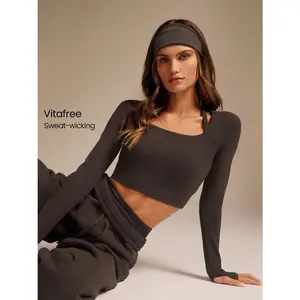 GLOWMODE Slim Fit Warm Crop Length Long-Sleeve Top With Thumbholes Removable Padding Yoga Daily Active Wear Sweat-Wicking