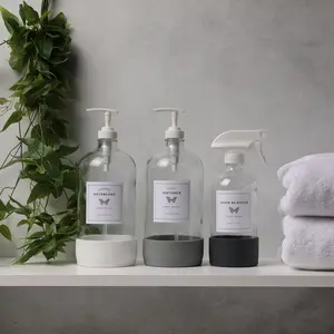 Glass Laundry Detergent Dispenser Set w/Silicone Base|Laundry Detergent Holder|Laundry Dispenser for Liquid Detergent/Bleach/Liquid Laundry Detergent Dispenser | Soap Container (Mixed gray/white)