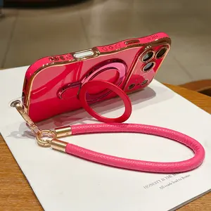 Popular metal stand lanyard suitable for iPhone 17Promax phone case, 16Pro electroplated heart wave design, 15/13 anti-drop case