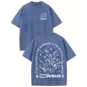There Was Jesus Print Oversized Solid Drop Shoulder T Shirts For Men Vintage Streetwear Basic Tees Baggy Hip Hop Unisex Tops Acid Wash T Shirt