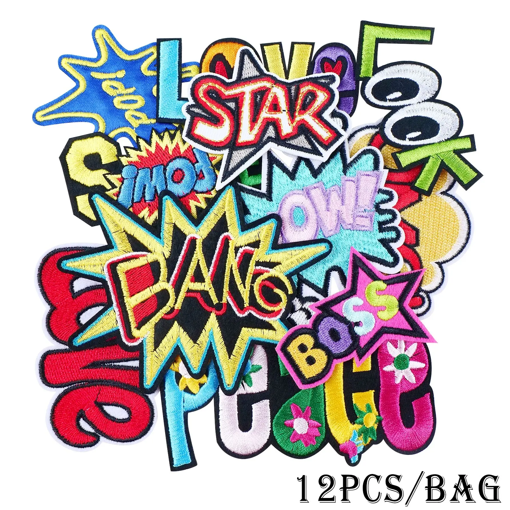 12-Piece Cartoon Letter Unique Embroidery Patch Set, Embroidered Patches Fabric Appliques Embellishments for Clothes Shoes Hats Bags, Iron-On or Sewing DIY Decoration, Stylish Embroidery