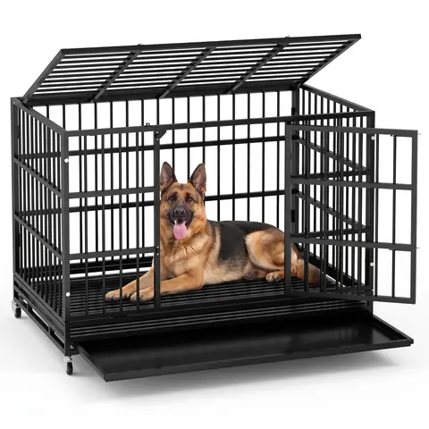 LEMBERI 48/38 inch Heavy Duty Indestructible Dog Crate, Escape Proof Dog Cage Kennel with Lockable Wheels,High Anxiety Double Door,Extra Large Crate Indoor for Large Dog with Removable Tray