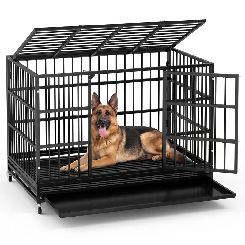 LEMBERI 48/38 inch Heavy Duty Indestructible Dog Crate, Escape Proof Dog Cage Kennel with Lockable Wheels,High Anxiety Double Door,Extra Large Crate Indoor for Large Dog with Removable Tray