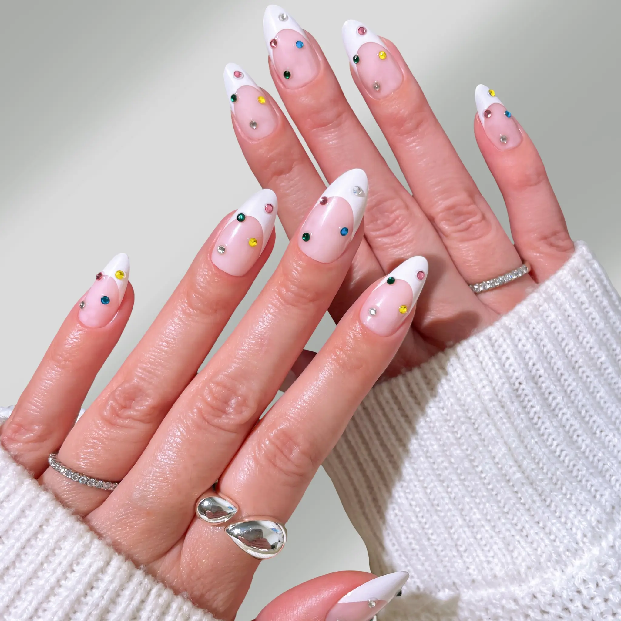 PaintLab Press On Nails - Bejeweled Almond 3D Gems Fake Nails, 30 Nails in 15 Sizes with Glue, Salon-Quality