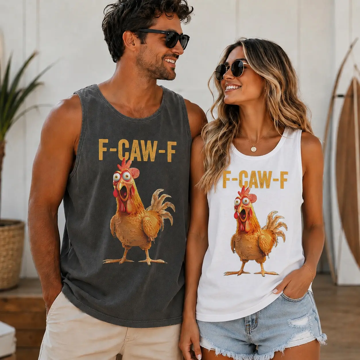Funny F-CAW-F Chicken Tank Top, Vintage Rooster Graphic Sleeveless Summer Beach Casual Muscle Shirt Gift