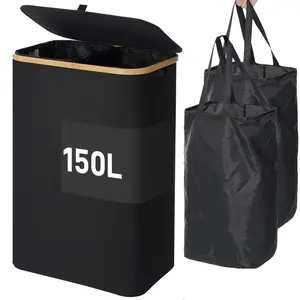 Laundry Hamper with Lid, 150L Polyester Large Laundry Hamper with Bamboo Handle, Collapsible Clothes Basket Organizer with 2 Removable Inner Bag for Clothes Toys Towels, Bedroom, Bathroom, Dorm, Laundry Room