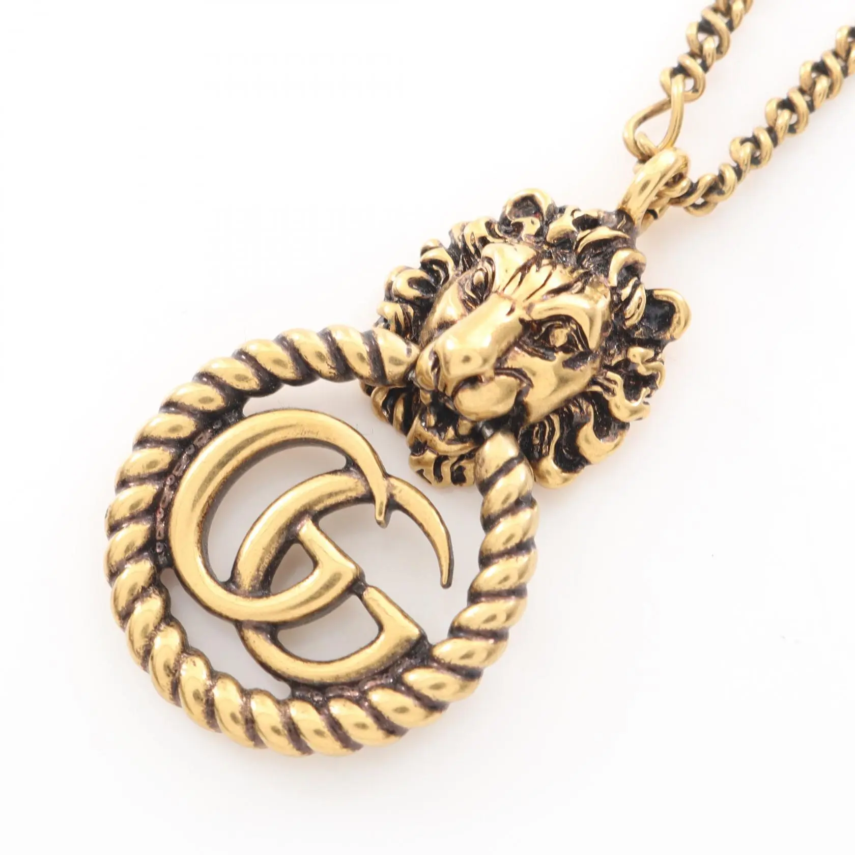 Pre-owned GUCCI Gold-plated Small Leather Goods Lion Head GG Marmont Necklace