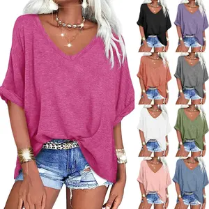 PASLTER Women's Oversized T Shirts V Neck Short Sleeve Summer Casual Loose Tops Tees
