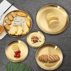 1pc Korean-style gold round plate - thickened fruit, cake, bone tray b| Shallow flat bottom design, for home, kitchen, dining room use, kitchen service tray | elegant tableware | durable kitchenware