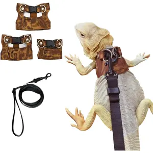 3 Pack Bearded Dragon Harness and Leash Set - Adjustable Soft Leather Lizard Harness Leash Small Animal Traction Rope Training Walking Vest Accessories for Reptile Squirrel Rat
