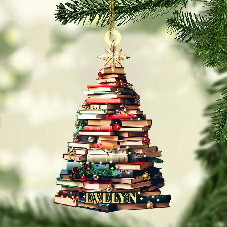 Personalized Christmas Book Tree Name Ornament, Custom Bookish Ornament, Book Lover Gift, Bookworm Gifts, Book Club Ornament, Librarian Gift