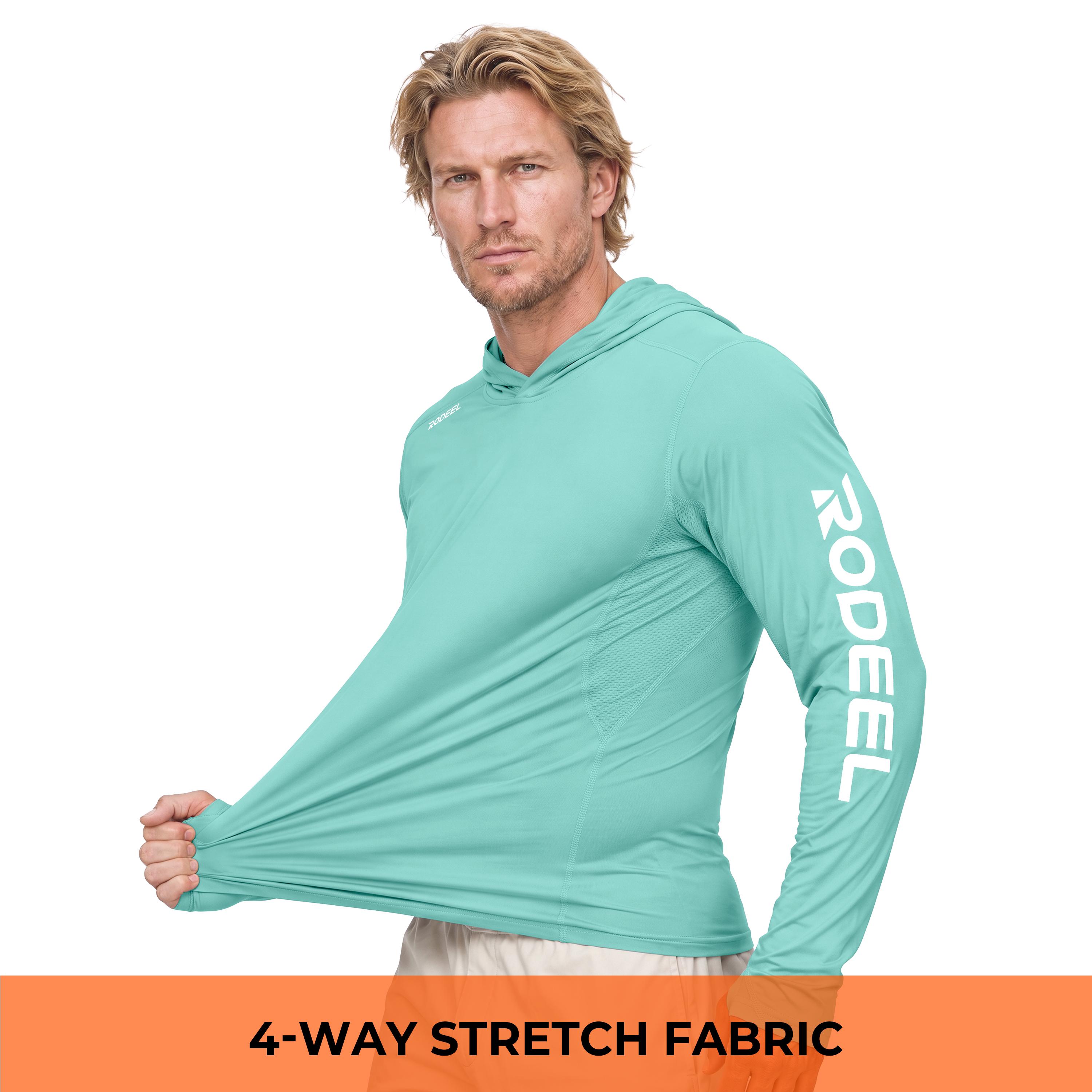 【RODEEL】962 Sun Hoodie Shirts w/ Thumbhole UV Detection Logo Men UPF 50+ Sun Protection Long Sleeve Lightweight Quick Dry Moisture Wicking Breathable Athletic Activewear for Outdoor Fishing Boating Hiking Construction SummerWins