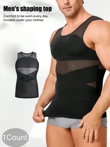 1 Count X-Shape Back Design Mesh Vest Wraps Around Back, Compression Shirt Slimmer Body Shaper Tank, Sleeveless Undershirt Basic Top, Tummy Control Shapewear Tee For Men, Revealan Attractive Back Curve, Suitable For Training Or Sports