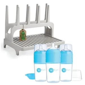 PopYum 9 oz Blue Formula Making Baby Bottle 3-Pack with Gray Drying Rack Bundle