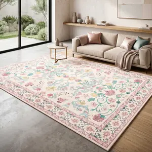 G-DAKE Traditional Oriental Pink Floral Faux Cashmere Rug | Upgraded Non-Slip Base, Washable & Foldable, Versatile Floor Mat for Living Room Bedroom Kitchen Balcony Study Dorm & Holiday Party
