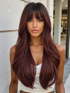 22 Inch Fashionable New Long Wavy Length Dark Burgundy Wigs with Bangs Synthetic Wigs for Women, Suitable for Ordinary Work, Life, Dance Parties and All Occasions, Deep Wavy Wigs