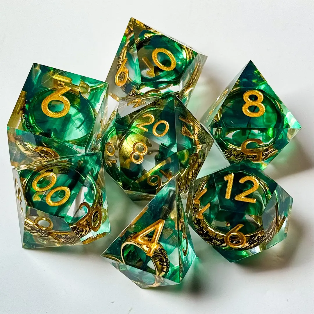 Multicolor Resin DND Dice Set, Sharp Edge Polyhedral RPG Dice with Gold Ring, Durable Clear Resin Dice for Tabletop Gaming, Dungeon Master Gift, Valentine’s Day RPG Gift Set