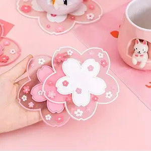 4Pcs Kawaii Sakura Cherry Blossom Coaster Set - Cute Pink Flower Shaped Non-Slip Silicone Drink Coasters, Heat Resistant & Waterproof Coffee Tea Cup Mats, Aesthetic Japanese Desk Decor for Home Office Kitchen, Gift for Her Soft Girl Room Aesthetic