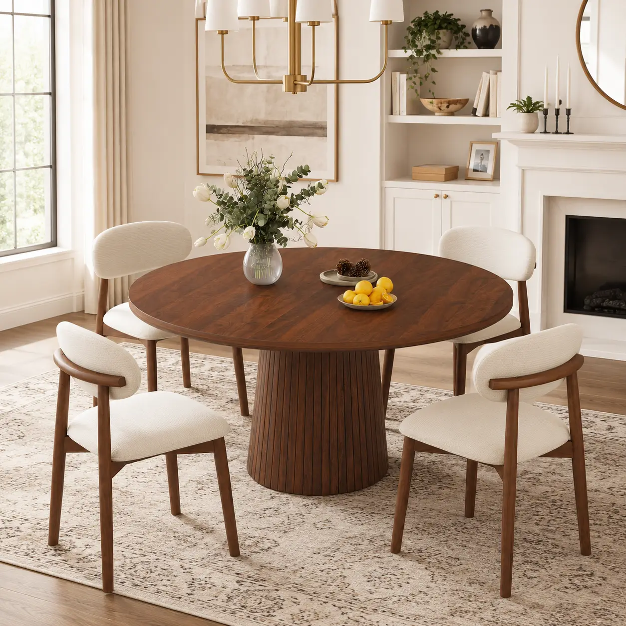 5 Piece Dining Table Set for 4, Modern Farmhouse Round Kitchen Table 47" Walnut with Wood Strip Base, and 4 Beige Chenille Upholstered Chairs with X-Shaped Metal Legs & Wood Grain Veneer