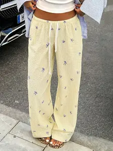 Y2K Yellow Striped Bow Wide Leg Pants, High Waist Casual Loose Trousers for Women, Cute Summer Streetwear