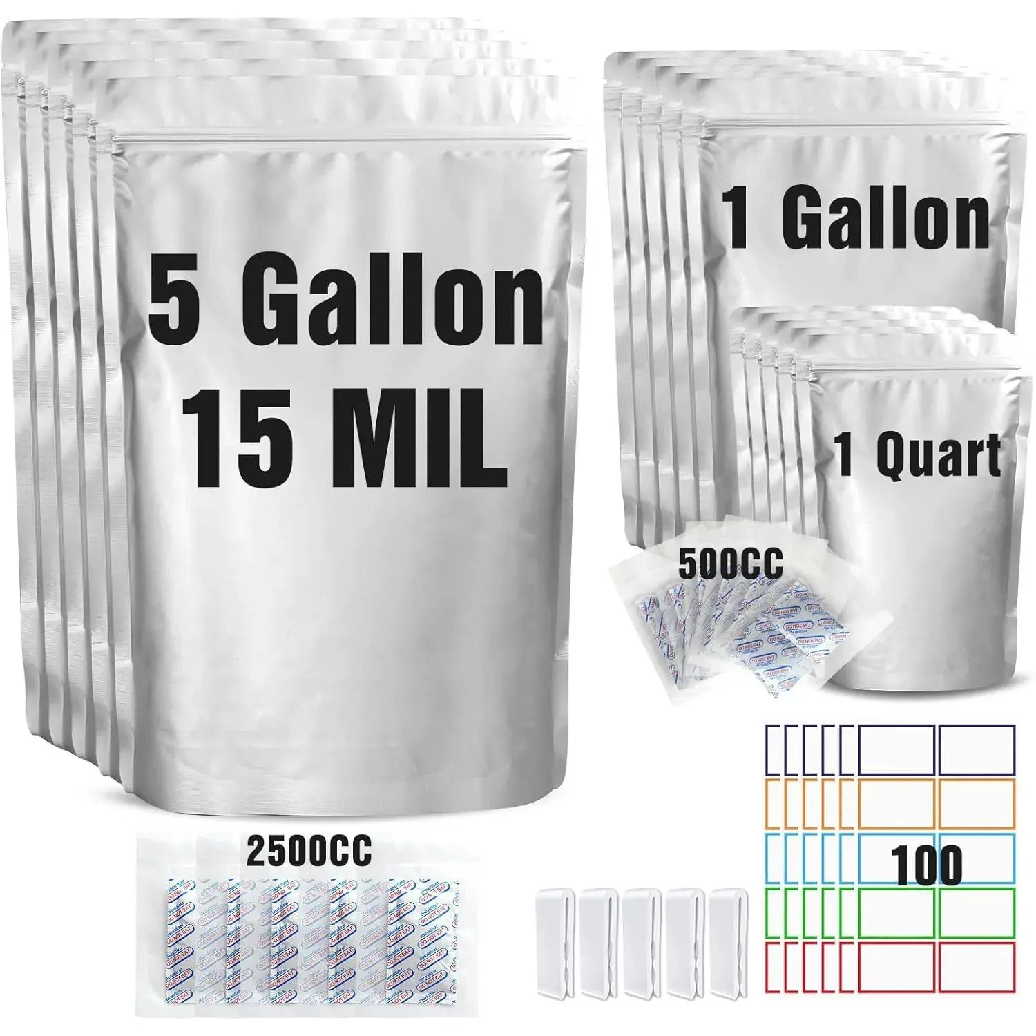 SUNDAY MIRTH 15 Mil Mylar Kitchen Food Storage Containers & Resealing Self-Sealing Ziplock Bags Kit - 55 Pack (5 Gal, 1 Gal, 1 Qt Sizes), 2500cc & 500cc Oxygen Absorbers, 100 Labels for Long-Term Storage, Resealing Storage Bags, Self-Sealing Storage Bags