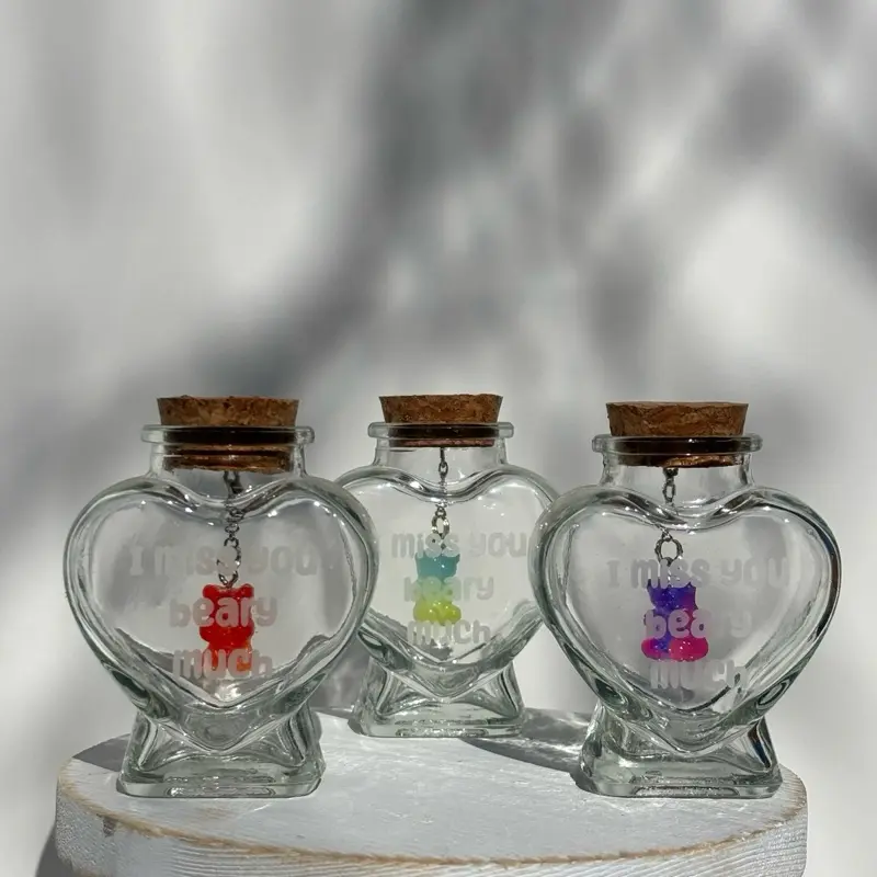 I Love/Miss You Beary Much Etched Glass Heart Jar with Colorful Gummy Bear Charms by AmaZen Glass Co.