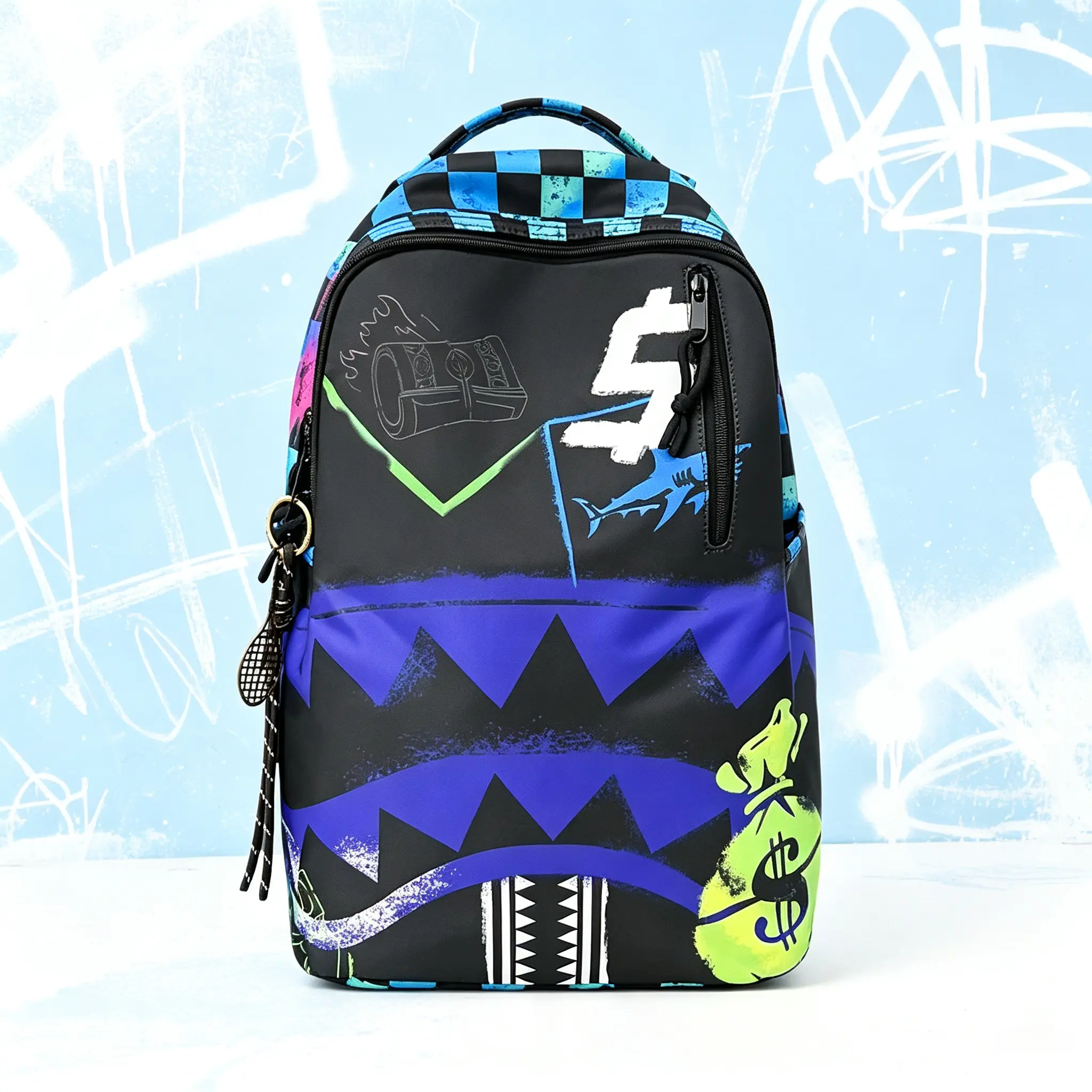 Shark Mouth Money Graphic Backpack, Checkerboard Streetwear School Bookbag, Large‑Capacity Padded Laptop Compartment Travel Daypack, Durable Casual Rucksack for Teen Boys for Campus, Daily Commute & Short Weekend Trips