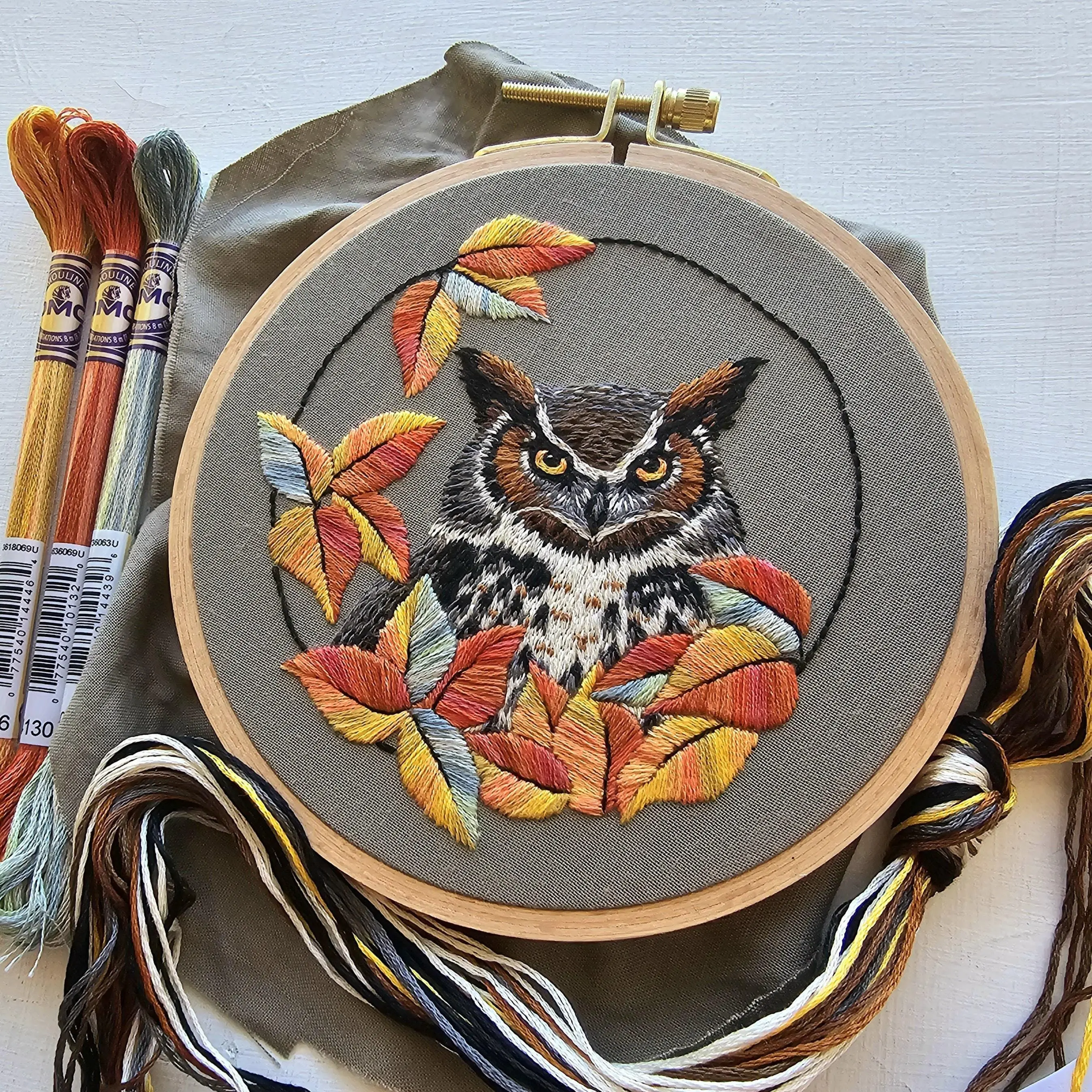 Great horned owl hand embroidery kit, thread painting embroidery pattern and supplies with online video tutorial
