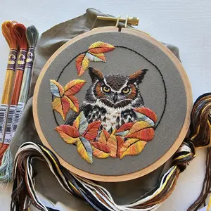 Great horned owl hand embroidery kit, thread painting embroidery pattern and supplies with online video tutorial