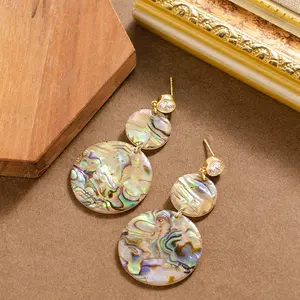 Abalone Shell Drop Earrings for Women, 14K Gold Plated Dangle Earrings with Cubic Zirconia, French Luxury Vintage Earrings for Sensitive Ears, Boho Statement Earrings for Wedding Party, Hypoallergenic Earrings for Round Face Slimming, Fashion Jewelry Gift