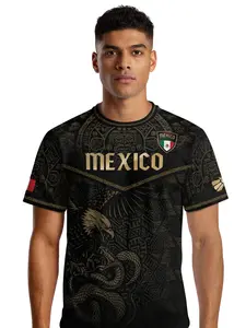 Mexico Soccer Jersey Gold Eagle & Snake Aztec Design, Fitted Casual All over Print for All Seasons, Long Clothing Length with Ethnic and Animal Patterns