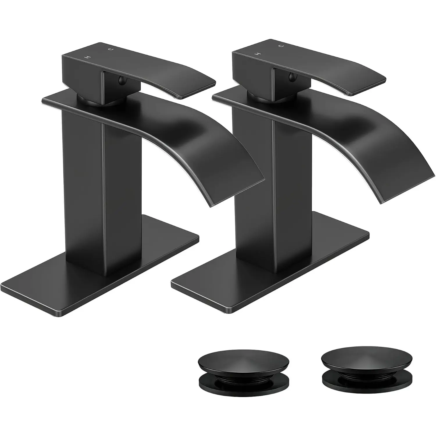 2 Pack Black Bathroom Faucet with Waterfall Spout and Pop-up Drain, Single Handle, 1 Or 3 Hole Sink, RV Vanity, Deck Plate