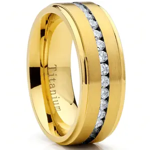 GoldTone Titanium Men's Eternity Wedding Band Ring With Cubic Zirconia CZ, Comfort Fit 8mm
