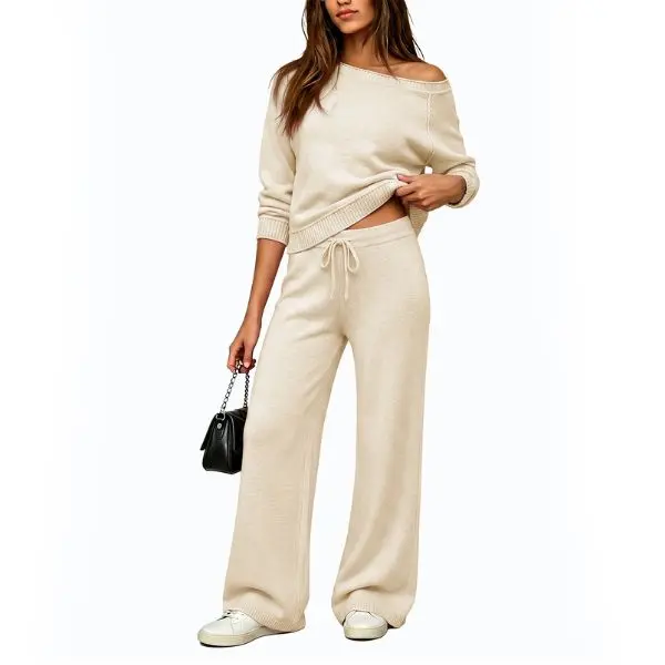 Fisoew Women's 2-Piece Solid Oversized Off-Shoulder Knit Set - Comfortable Long-Sleeve Cropped Sweater & Adjustable Elastic Drawstring High-Waist Wide-Leg Fit Casual Tracksuit