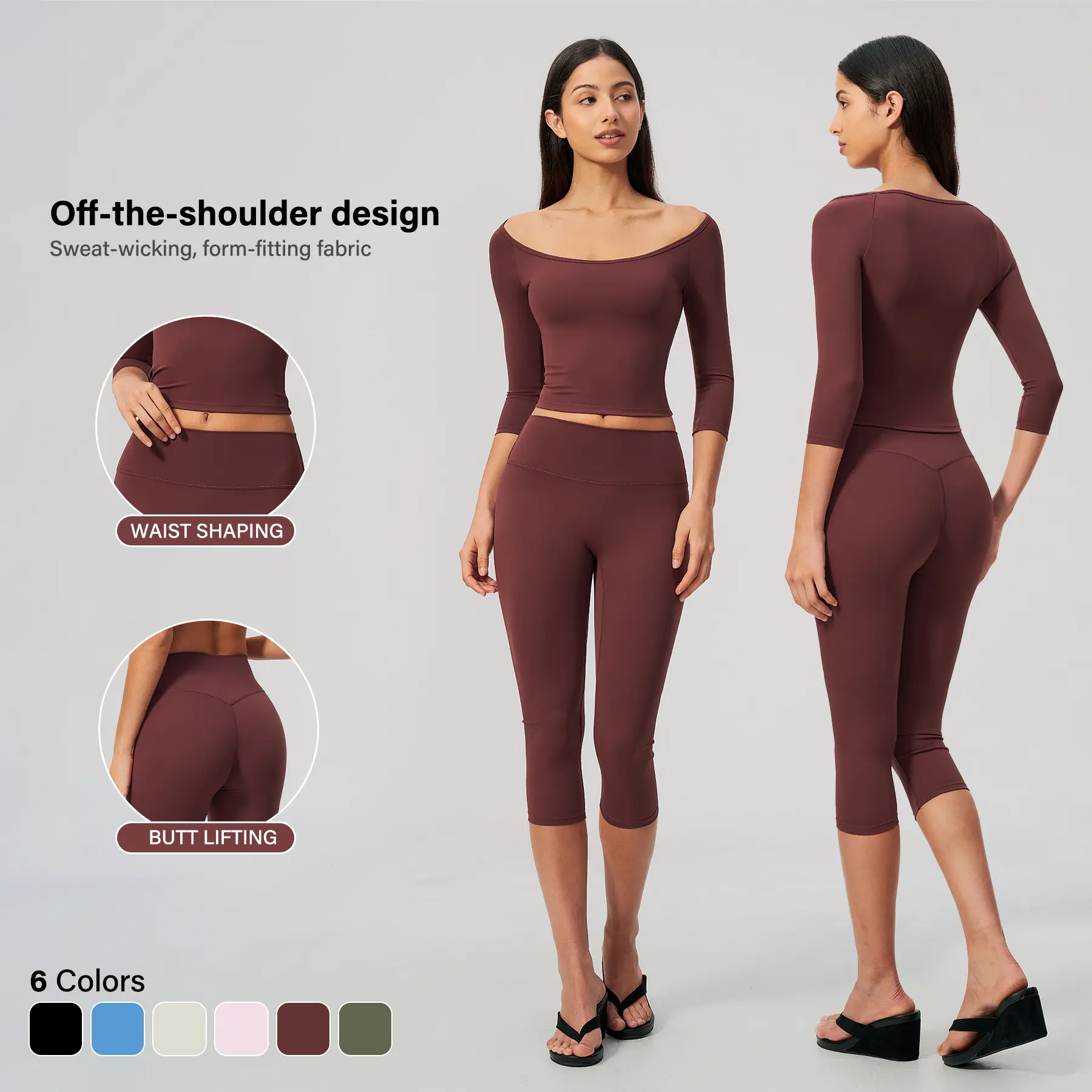 Women's Matching Sets 2 Piece Convertible Off The Shoulder or Crew Neck 3/4 Sleeve Top and High Waisted Cropped Leggings Outfits Brushed Soft Fabric Butt Lift Tummy Control Slim Fit Yoga Gym Activewear