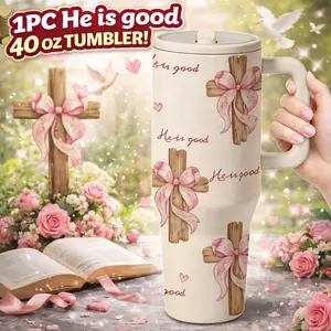 1pc 40oz Stainless Steel Insulated Tumbler with Handle, Christian Cross and Pink Bow Print Travel Mug with Lid, He Is Good Faith Vacuum Cup for Water, Coffee, Tea and Iced Drinks, Reusable Portable Car Cup for Home, Office, Church, Gift for Women Moms Fri