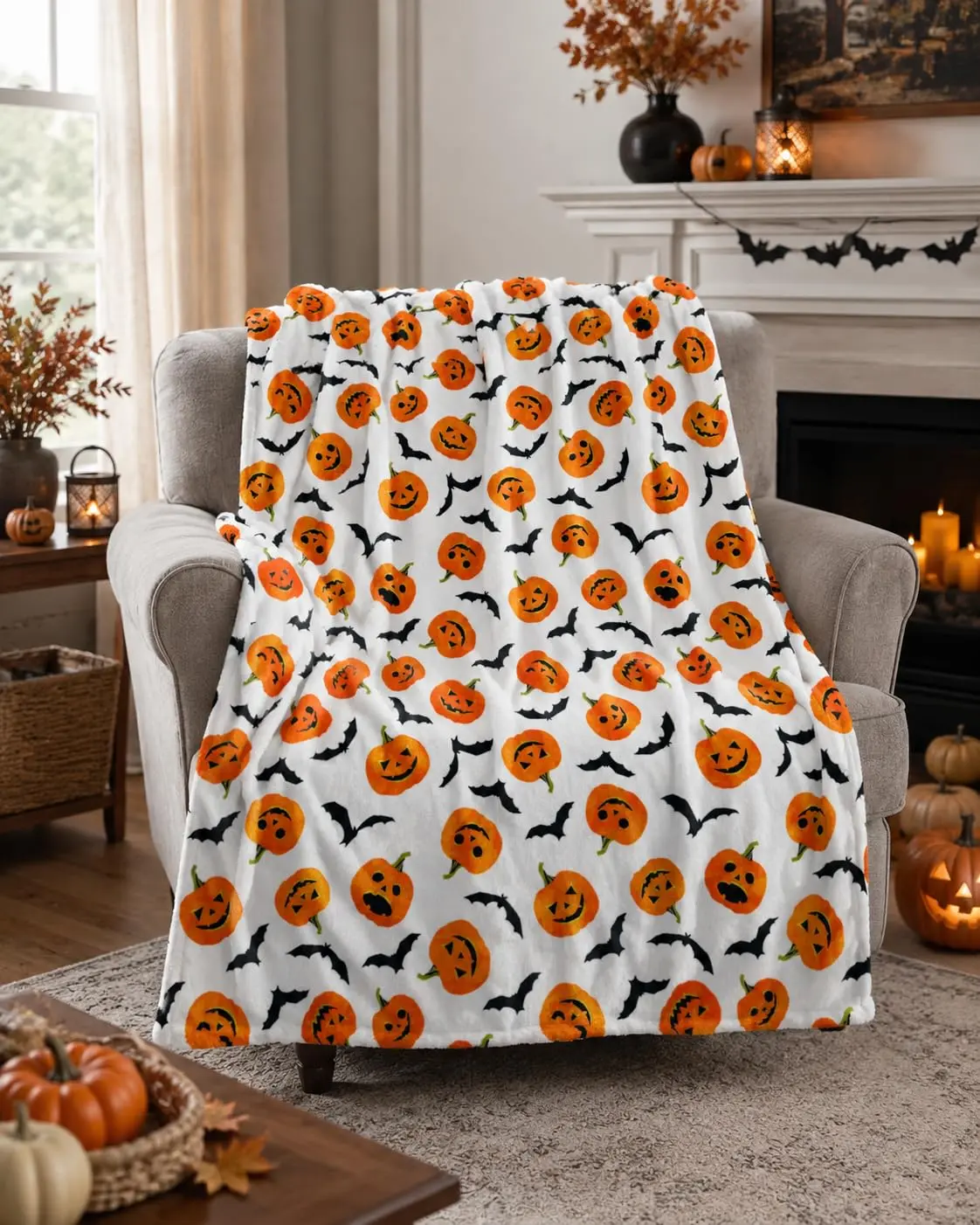 Cute Pumpkin & Bat Halloween Flannel Throw Blanket 50% Cotton 50% Polyester Spooky Cute Festive Decor 30"x40" to 60"x80" Cozy Warmth for All Seasons