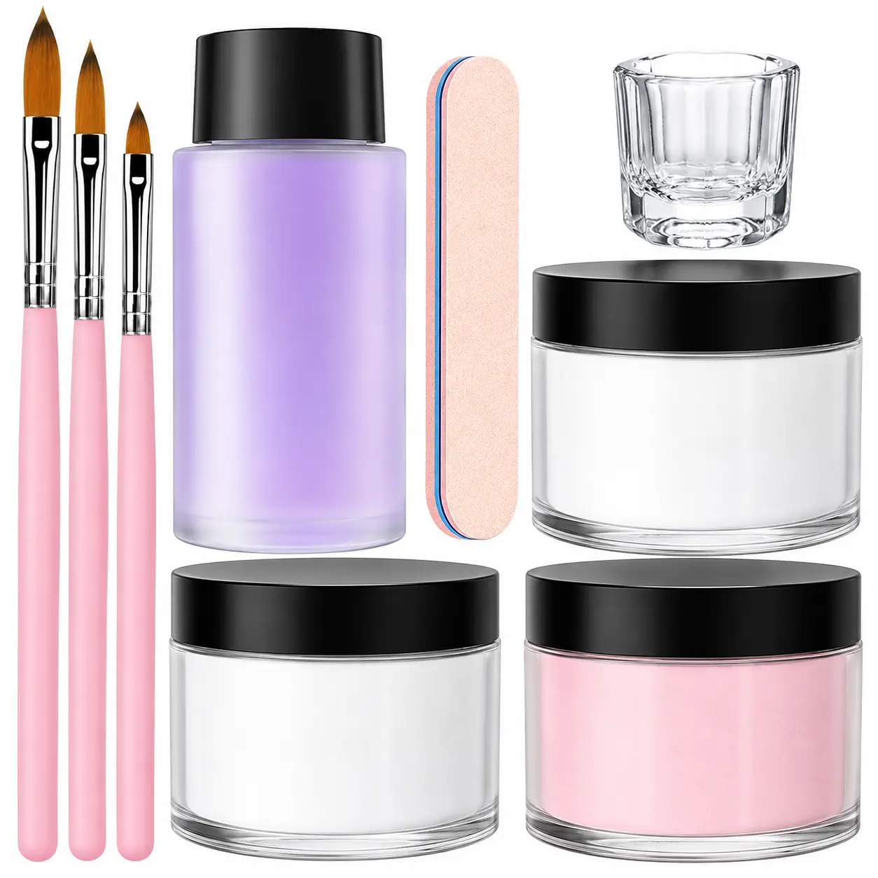 Beginner Acrylic Nail Extension Kit - Clear, White, Pink Powders, Monomer Liquid, Nail Brushes for Home DIY Manicure (Dip Manicure Product)