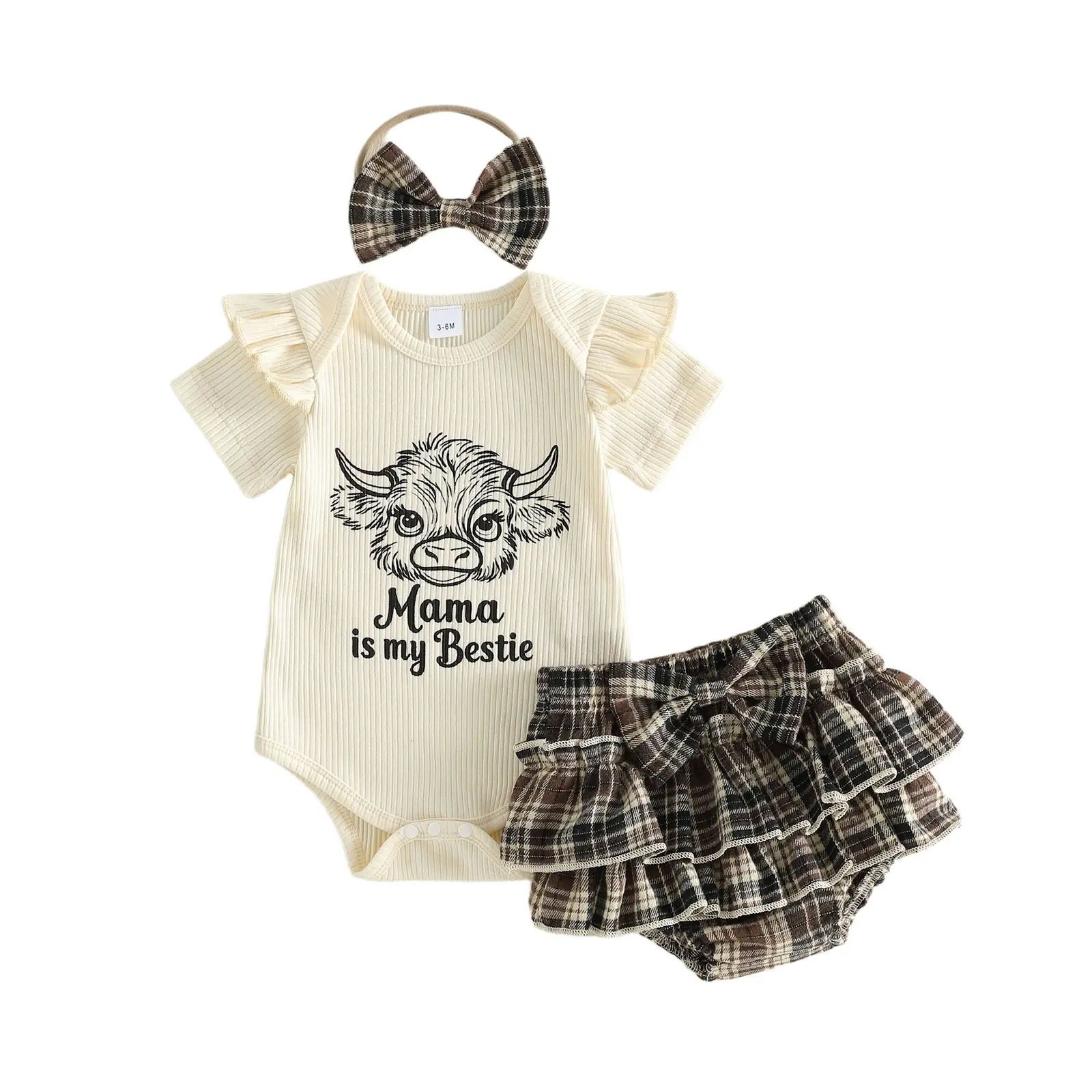 Babamoon 3-Piece Cotton Infant Girl Outfits Set - Crew Neck Ruffle Short Sleeve Bull Head Print Romper, Checkered/Plaid Skorts, Headband - "Mama is My Bestie" - 0-3/0-18 Months Baby Clothing Gift Set, 0-3 Months