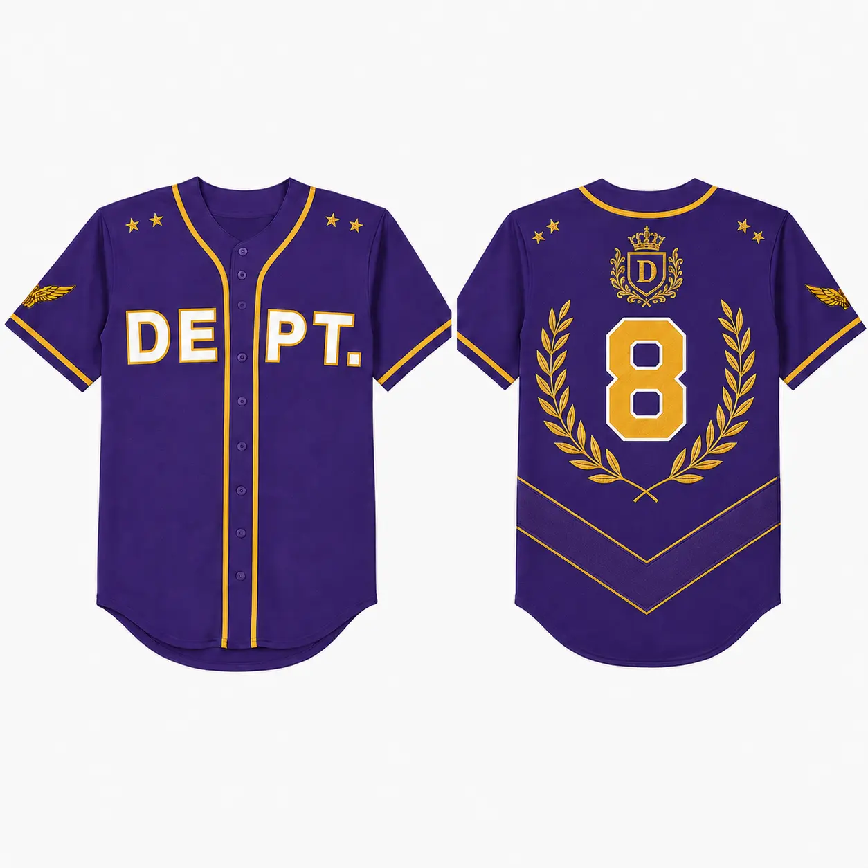 DEpt.8 Purple Gold Baseball Jersey Button Up Mesh Sports Shirt Number 8 Unisex Athletic Streetwear