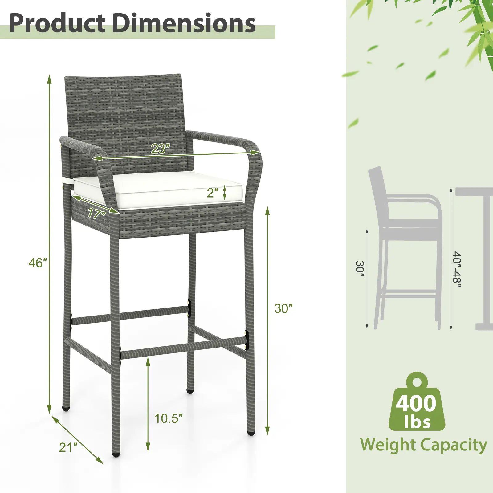 COSTWAY - Patio Wicker Barstools with Armrests and Soft Cushions for Porch Backyard Set of 2